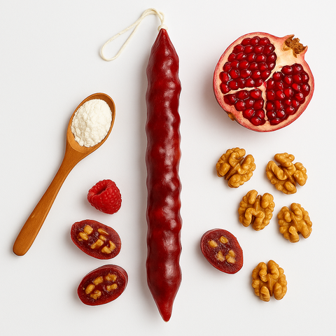 Churchkhela, pomegranate, walnuts, raspberries, and a wooden spoon with flour a white background