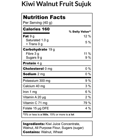 Nutrition label for Kiwi Walnut Chella Bar. Per 40g serving: 160 calories, 9g fat, 19g carbohydrates, 4g protein. Contains walnuts and wheat.