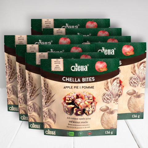 8 pack of apple pie walnut Chella Bites. Green packaging with apple images, labeled 136g, all-natural, no artificial additives.