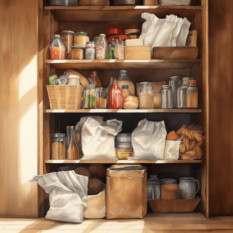 A dry kitchen cupboard fill with paper bags, jars and other preserved foods.