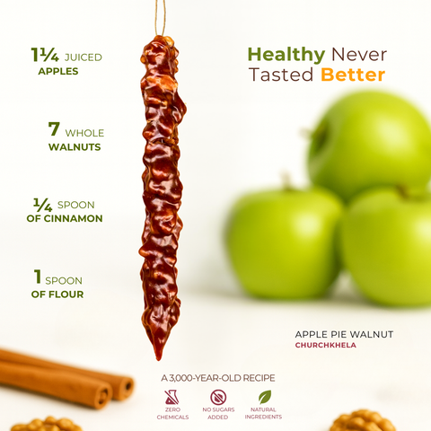 Walnut Apple Pie Chella Churchkhela - a Fruity Nuts dessert crafted from just 4 natural ingredients: juice from 1 1/4 premium apples, 7 stringed whole walnut, cinnamon, and just 10% of flour. No added sugars or chemicals.