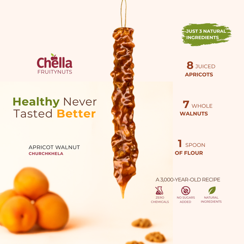 Walnut Apricot Chella Churchkhela fruity nut dessert crafted from just 3 natural ingredients: 8 premium juiced apricots, 7 stringed  whole walnut, and just 10% of flour. No added sugars or chemicals.