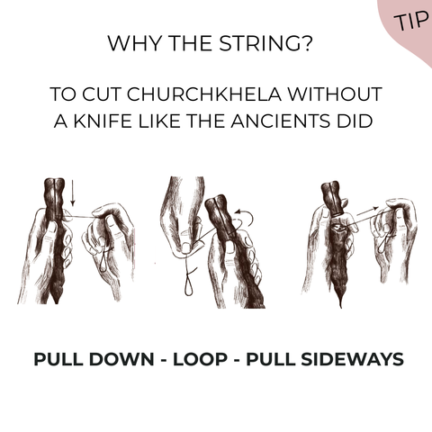 Instruction for How to cut Chella Churchkhela to pieces using string like the ancients did; includes illustrations of pulling and looping techniques