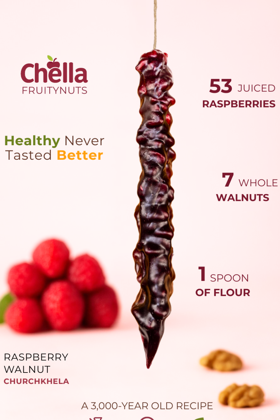 Chella FruityNuts product with raspberry and walnut ingredients on a pink background