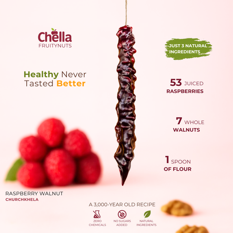 Hanged Walnut Raspberry Chella Churchkhela - healthy dessert with 53 raspberries and 7 walnuts, zero chemicals - FruityNuts product image.