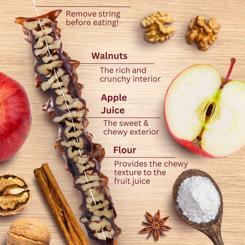 Apple Pie Walnut Chella Churchkhela with ingredients: walnuts, apple juice, and flour, showcasing a healthy dessert alternative.