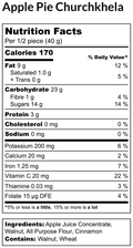 Nutrition facts label for Apple Pie Churchkhela with calorie breakdown and ingredient list including walnuts and apple juice concentrate.