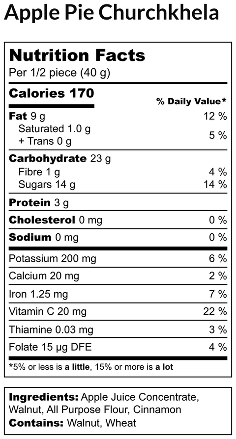 Nutrition facts label for Walnut Apple Pie Chella Churchkhela with calorie breakdown and ingredient list including walnuts and apple juice concentrate.