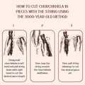 Three-step guide on how to cut churchkhela using a string with the traditional 3000-year-old method.