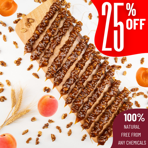 Apricot Walnut Chella Churchkhela with 25% off label, surrounded by apricots and walnuts, 100% natural and chemical-free.