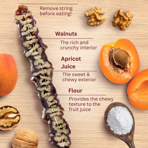 Apricot Walnut Chella Churchkhela ingredients: walnuts, apricot juice, flour. Illustrated snack cross-section with nutritional info.