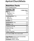 Nutrition facts for Apricot Churchkhela, highlighting 150 calories per serving, contains walnuts, apricot juice, and wheat flour.
