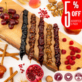 Assorted Walnut Chella Churchkhela pack with 5 different flavors featuring 45% fruit juice and walnuts, on wooden board, 5% off.