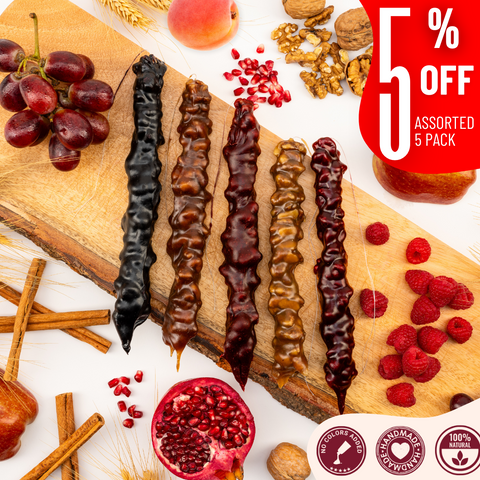 Assorted Walnut Chella Churchkhela pack with 5 different flavors featuring 45% fruit juice and walnuts, on wooden board, 5% off.