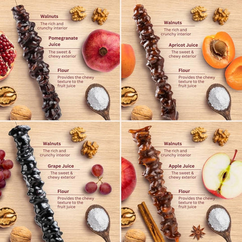 Assorted Walnut Chella Churchkhela with Pomegranate, Apricot, Grape, and Apple Juice, featuring walnuts and flour.