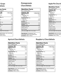 Nutritional labels for Assorted Walnut Chella Churchkhela flavors: classic grape, pomegranate, apple pie, apricot, and raspberry.