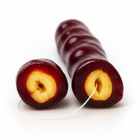 Close-up of a grape churchkhela, a traditional Georgian snack. It features a glossy, deep red exterior with visible nuts inside, evoking a sweet, rustic appeal.