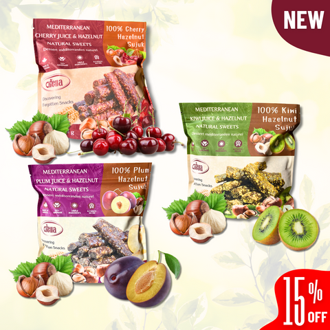 Assorted Chella Bar fruit and hazelnut packages with cherries, plums, and kiwis; 15% off promotion. Vibrant and appetizing display.