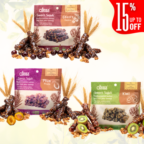 Three colorful Chella FruityNuts packages are displayed, each featuring flavors: Cherry, Plum, and Kiwi with fruits and walnuts. Wheat stalks surround them. A "15% off" badge is visible.