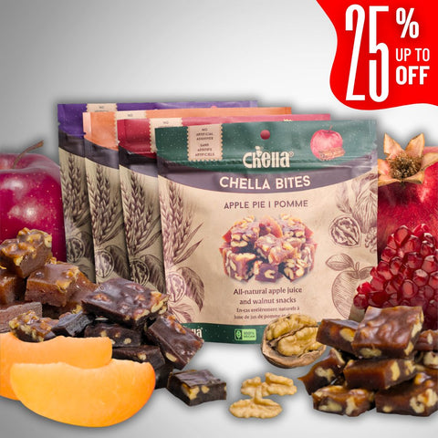 Assorted packs of Chella Bites snacks are displayed with fresh apples, apricots, pomegranates, and walnuts. A “25% off” label is in the top right.