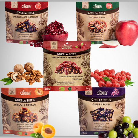 Packaging of Chella Bites snacks, including pomegranate, apple pie, raspberry, apricot, and grape flavors, surrounded by corresponding fruits and nuts.