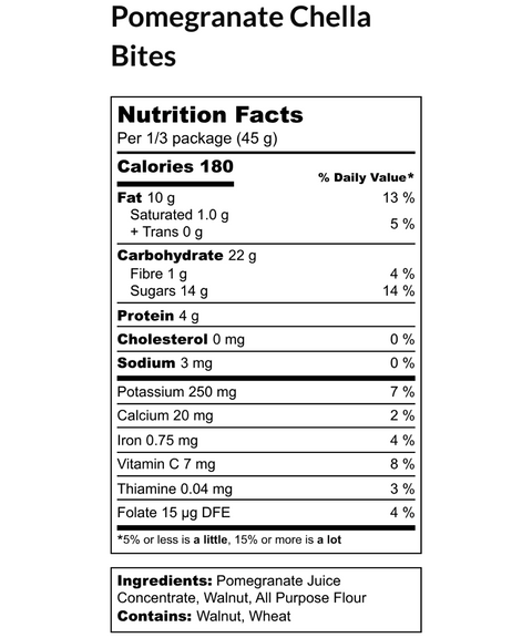 Nutrition label for Pomegranate Chella Bites. Key details: 180 calories per 45g, 10g fat, 22g carbohydrates, 4g protein. Ingredients include pomegranate juice, walnut, wheat.
