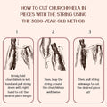 Illustration showing 3 steps to cutting churchkhela using a string. Step 1: Hold with left hand, pull string downward with right. Step 2: Loop the string around widthwise. Step 3: Pull string sideways to cut.