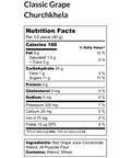 Nutrition label for Classic Grape Churchkhela. Contains 160 calories per 40g, with 9g fat, 20g carbohydrates, 3g protein. Ingredients include red grape juice concentrate, walnut, and wheat.