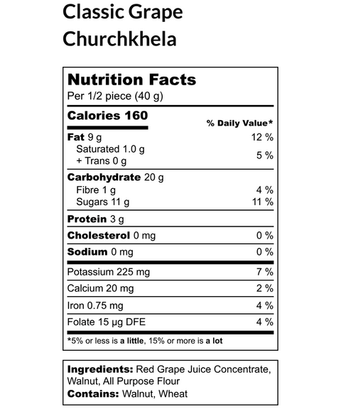 Nutrition label for Classic Grape Churchkhela. Contains 160 calories per 40g, with 9g fat, 20g carbohydrates, 3g protein. Ingredients include red grape juice concentrate, walnut, and wheat.