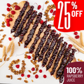 Assortment of 12 raspberry churchkhela on a wooden board, surrounded by walnuts, raspberries, and wheat on a white background. Red tags display "25% off' and "100% Raspberry Juice"
