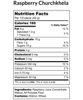 Nutrition facts for Raspberry Churchkhela, 160 calories per half-piece. Contains 9g fat, 19g carbohydrates, 4g protein. Key ingredients include raspberry juice concentrate, walnut, flour.