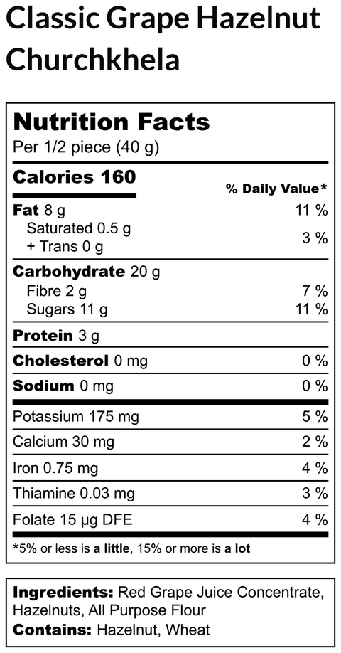 Nutrition facts for Classic Grape Hazelnut Chella Churchkhela with ingredients and calorie details.