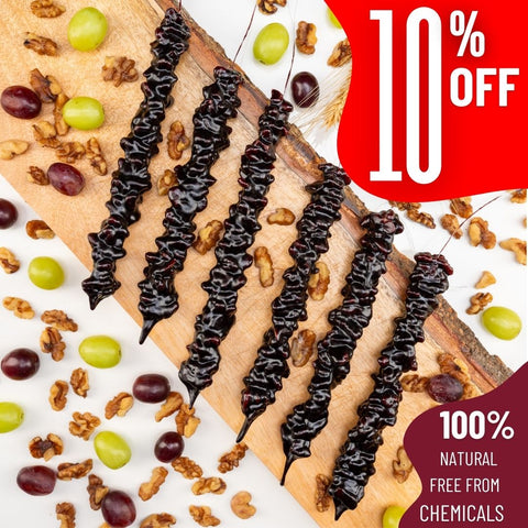 Churchkhela sticks with walnuts and grapes, 10% off, 100% natural and chemical-free snack.