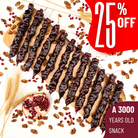 Pomegranate Walnut Chella Churchkhela with 25% discount, a 3000-year-old snack.