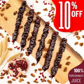 Pomegranate Walnut Chella Churchkhela on wooden board with 10% off, featuring 100% pomegranate juice ingredients.