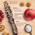 Image of Pomegranate Walnut Chella Churchkhela showing ingredients: pomegranate juice, walnuts, and flour, with description and visuals.