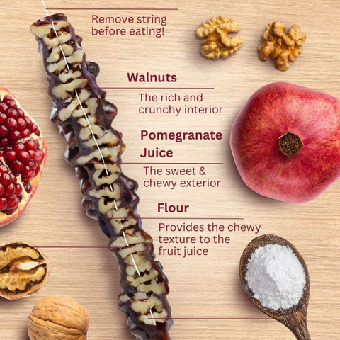 Image of Pomegranate Walnut Chella Churchkhela showing ingredients: pomegranate juice, walnuts, and flour, with description and visuals.