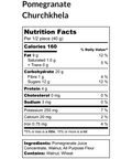 Nutrition facts for Pomegranate Churchkhela showing calories, fat, carbs, protein, ingredients include pomegranate juice and walnut.
