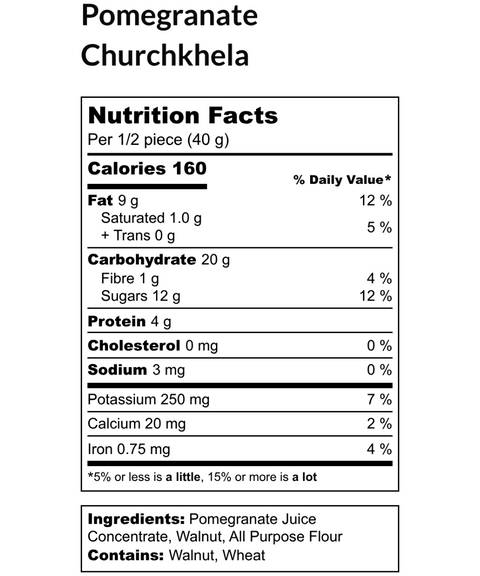 Nutrition facts for Walnut Pomegranate Churchkhela showing calories, fat, carbs, protein, ingredients include pomegranate juice and walnut.