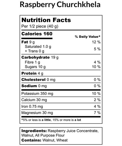 Nutrition facts for Walnut Raspberry Churchkhela; 160 calories, 9g fat, 19g carbs, 4g protein per serving. Ingredients: Raspberry Juice, Walnut, Flour.